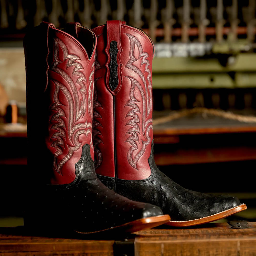Featured Style: Damilano 13” Full Quill Ostrich Western boots in red and black. Shop Damilano 13” Full Quill Ostrich Western boots.